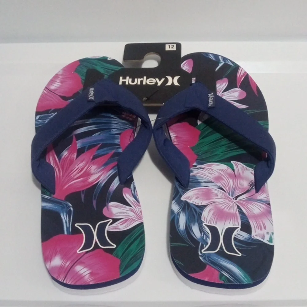 HURLEY BLUE FLIP FLOPS BEACHWEAR SANDALS - Tropical Floral Sandals SIZE 12 NWT